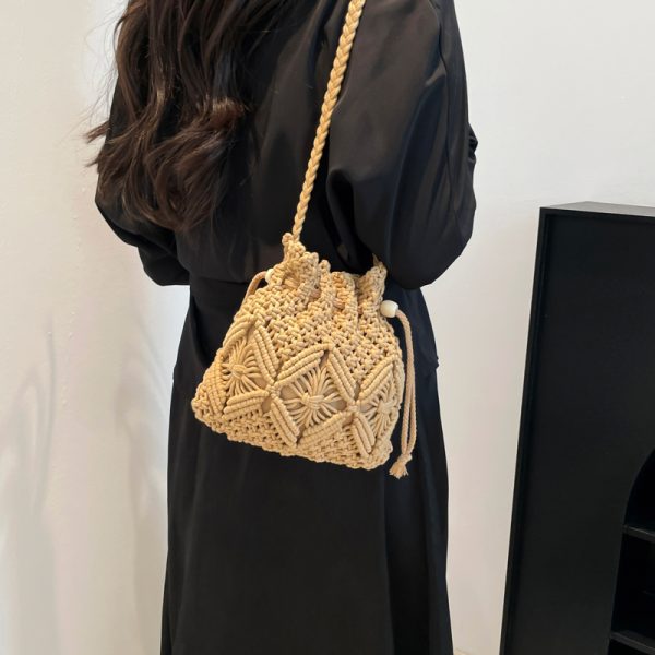 2025 Women's Summer Forest-Style Woven Straw Beach Bag - Drawstring Bucket Crossbody for Phone and Essentials