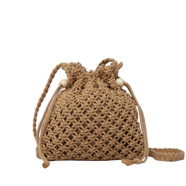 2025 Women's Summer Forest-Style Woven Straw Beach Bag - Drawstring Bucket Crossbody for Phone and Essentials
