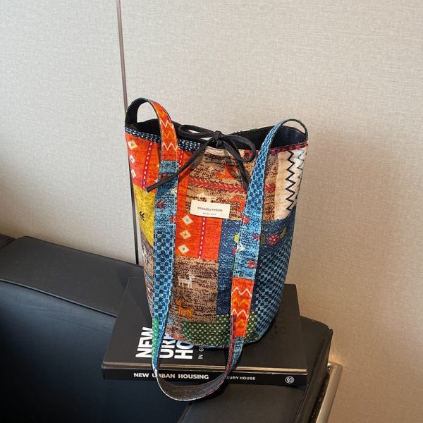 2025 Women's Summer Large Capacity Ethnic Style Bucket Bag - Versatile Crossbody Canvas Tote for Commuting & Everyday Use