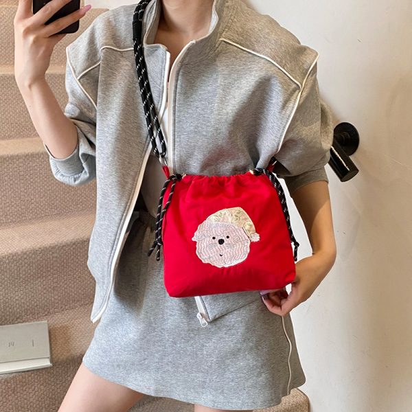 2025 Women's Summer Nylon Embroidered Canvas Drawstring Crossbody Bag - Simple Portable Phone Bag