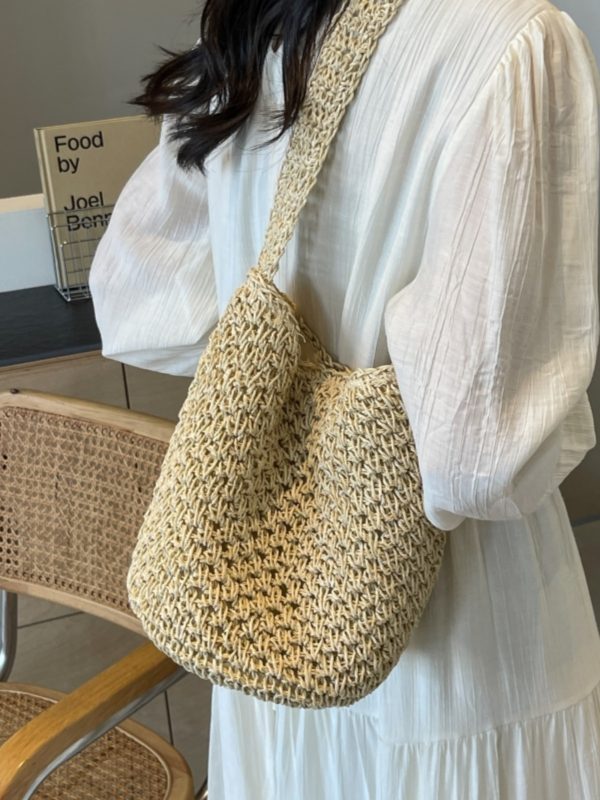 2025 Women's Woven Straw Bucket Bag - Artistic Forest-Themed Shoulder Bag for Beach Vacation
