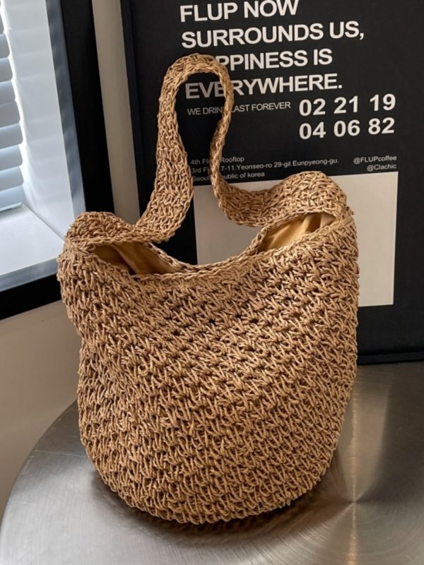 2025 Women's Woven Straw Bucket Bag - Artistic Forest-Themed Shoulder Bag for Beach Vacation