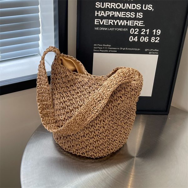 2025 Women's Woven Straw Bucket Bag - Artistic Forest-Themed Shoulder Bag for Beach Vacation
