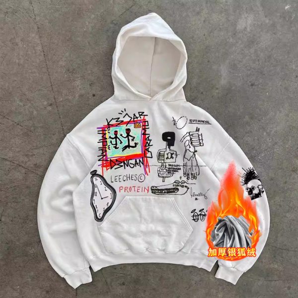 400g Heavyweight Graffiti Hoodie for Men and Women - American Retro Cartoon Line Art Unisex Fashion Sweater