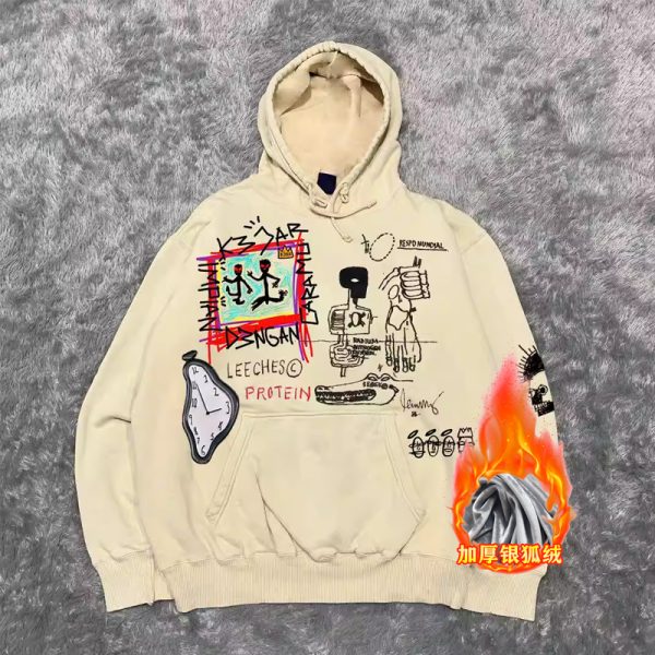 400g Heavyweight Graffiti Hoodie for Men and Women - American Retro Cartoon Line Art Unisex Fashion Sweater