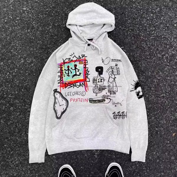 400g Heavyweight Graffiti Hoodie for Men and Women - American Retro Cartoon Line Art Unisex Fashion Sweater