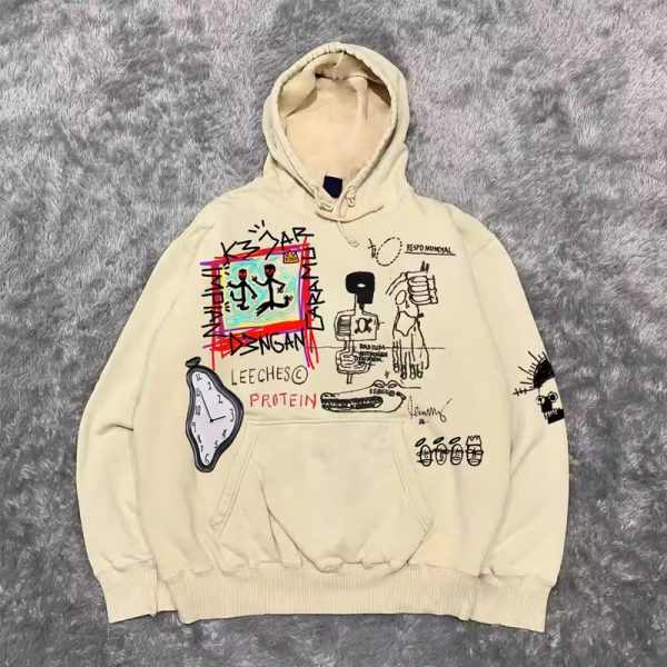 400g Heavyweight Graffiti Hoodie for Men and Women - American Retro Cartoon Line Art Unisex Fashion Sweater