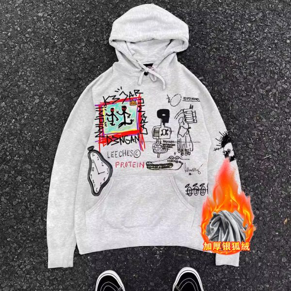 400g Heavyweight Graffiti Hoodie for Men and Women - American Retro Cartoon Line Art Unisex Fashion Sweater