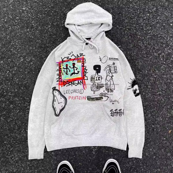 400g Heavyweight Graffiti Hoodie for Men and Women - American Retro Cartoon Line Art Unisex Fashion Sweater