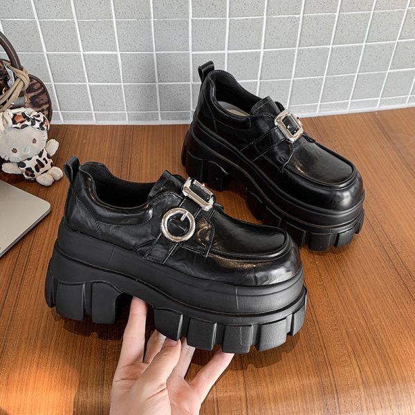 8cm Chunky Heeled Leather Loafers for Women - 2025 Spring British Style Thick-Soled Shoes to Match Skirts