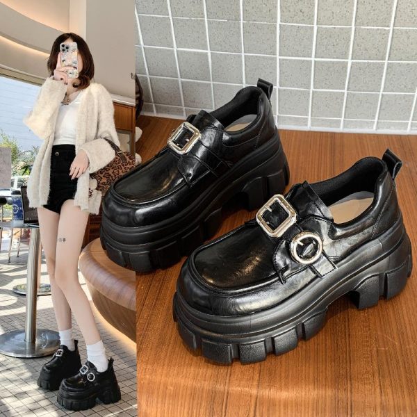 8cm Chunky Heeled Leather Loafers for Women - 2025 Spring British Style Thick-Soled Shoes to Match Skirts