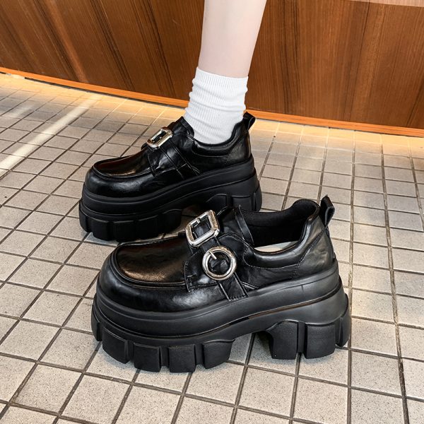 8cm Chunky Heeled Leather Loafers for Women - 2025 Spring British Style Thick-Soled Shoes to Match Skirts