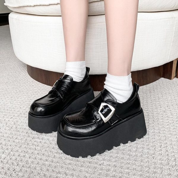8cm Height-Increasing Black Leather Loafers for Petite Women, 2025 British Style Thick-Soled Flats in Small Sizes