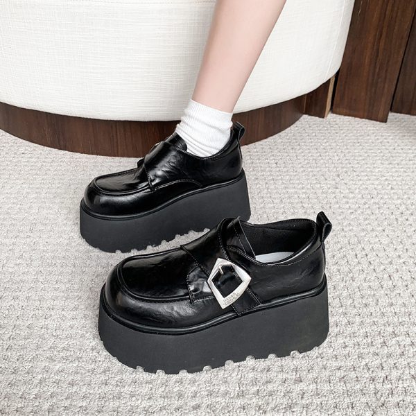 8cm Height-Increasing Black Leather Loafers for Petite Women, 2025 British Style Thick-Soled Flats in Small Sizes