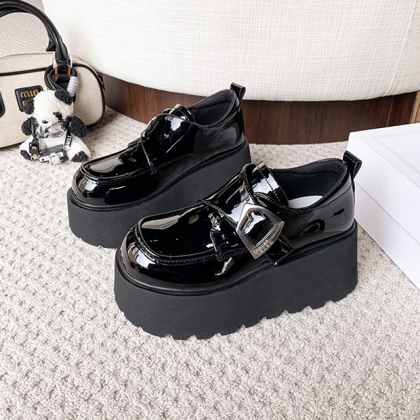 8cm Height-Increasing Black Leather Loafers for Petite Women, 2025 British Style Thick-Soled Flats in Small Sizes
