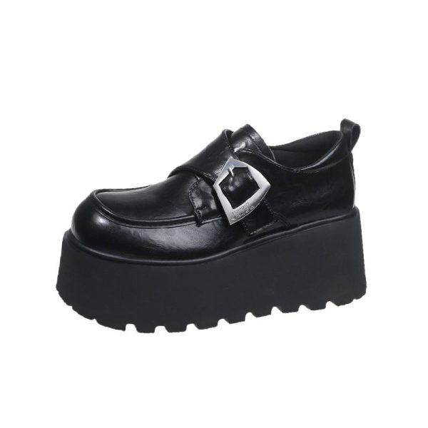 8cm Height-Increasing Black Leather Loafers for Petite Women, 2025 British Style Thick-Soled Flats in Small Sizes