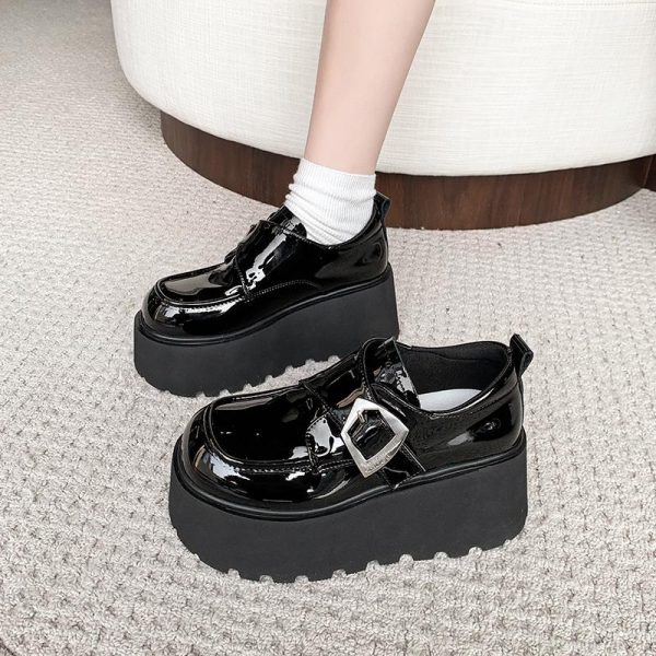 8cm Height-Increasing Black Leather Loafers for Petite Women, 2025 British Style Thick-Soled Flats in Small Sizes