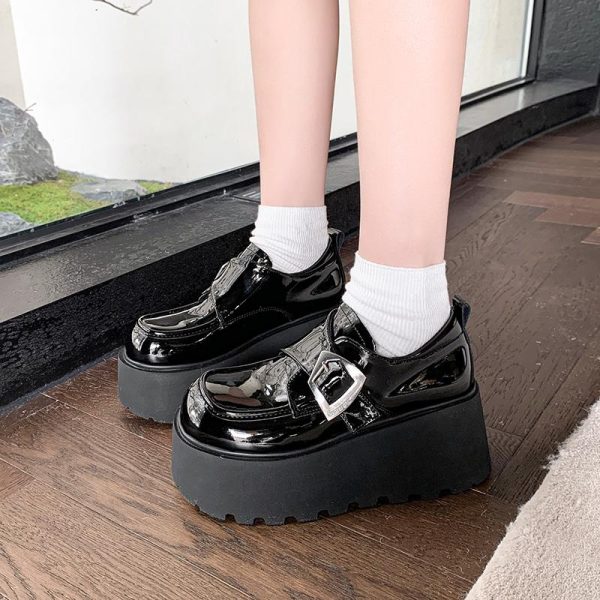 8cm Height-Increasing Black Leather Loafers for Petite Women, 2025 British Style Thick-Soled Flats in Small Sizes