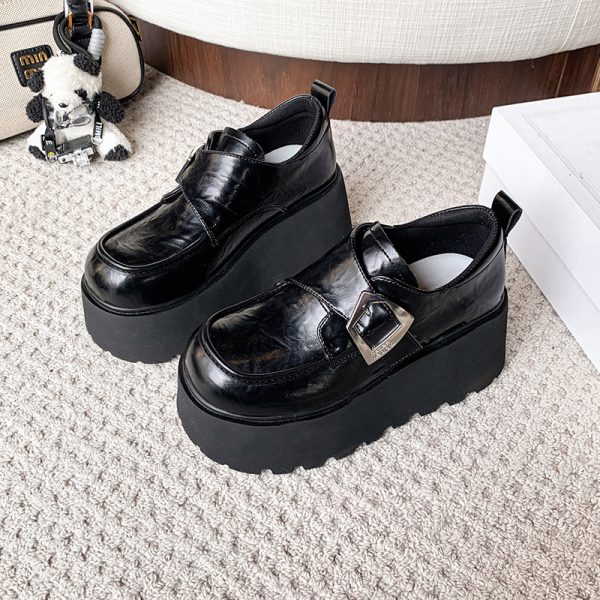 8cm Height-Increasing Black Leather Loafers for Petite Women, 2025 British Style Thick-Soled Flats in Small Sizes