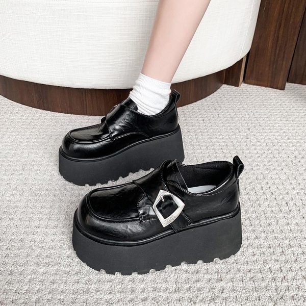 8cm Height-Increasing Black Leather Loafers for Petite Women, 2025 British Style Thick-Soled Flats in Small Sizes