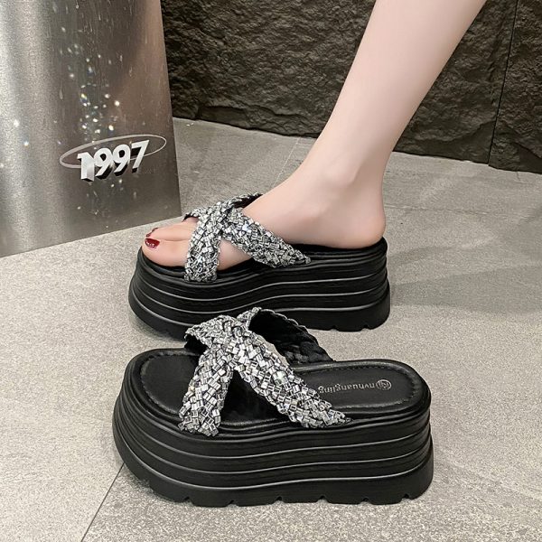8cm Thick-Soled Cross Rhinestone Sandals for Women - Stylish Height-Increasing Slide Sandals for Summer 2025 Outdoor Fashion