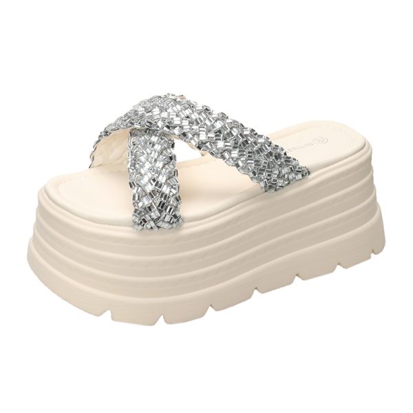 8cm Thick-Soled Cross Rhinestone Sandals for Women - Stylish Height-Increasing Slide Sandals for Summer 2025 Outdoor Fashion