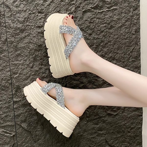 8cm Thick-Soled Cross Rhinestone Sandals for Women - Stylish Height-Increasing Slide Sandals for Summer 2025 Outdoor Fashion