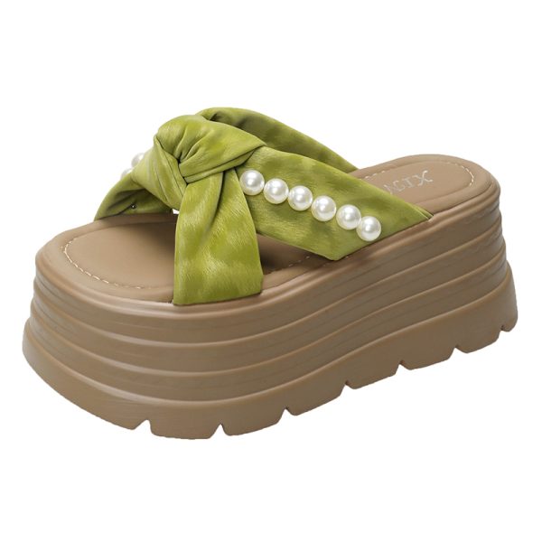 8cm Thick-Soled Pearl Slippers for Women - Summer Fairy Style Height-Increasing Beach Sandals for Outdoor Wear