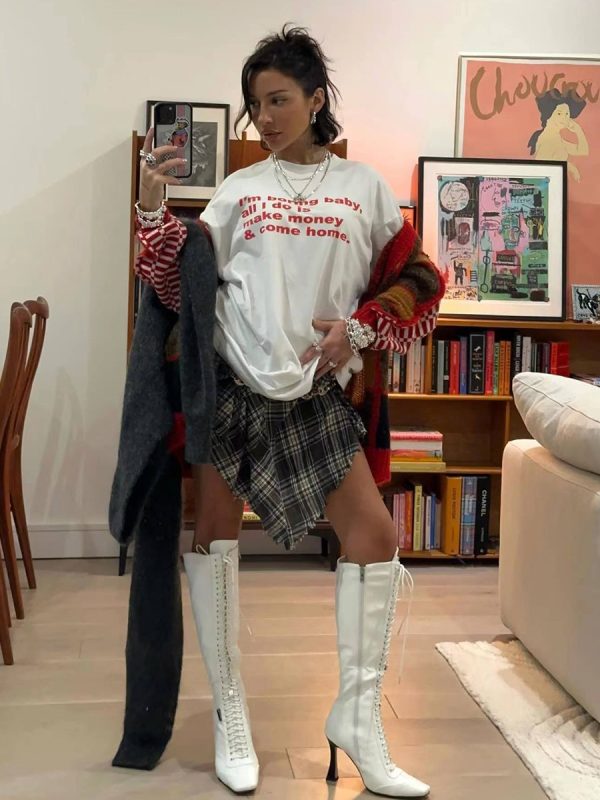 90s American Retro Clean Fit Letter Slogan White Short Sleeve T-Shirt for Women - Oversized Summer Style