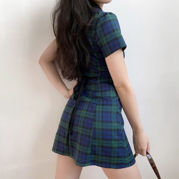 90s Retro College Style Lapel Plaid Slim Fit Short Sleeve A-Line Dress for Women - Vintage-Inspired Casual Shirt Dress