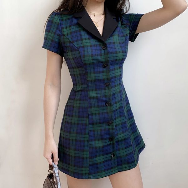 90s Retro College Style Lapel Plaid Slim Fit Short Sleeve A-Line Dress for Women - Vintage-Inspired Casual Shirt Dress