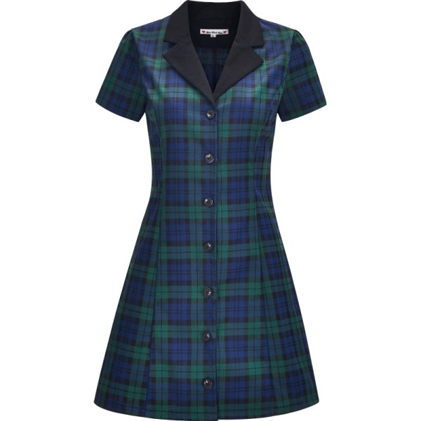 90s Retro College Style Lapel Plaid Slim Fit Short Sleeve A-Line Dress for Women - Vintage-Inspired Casual Shirt Dress