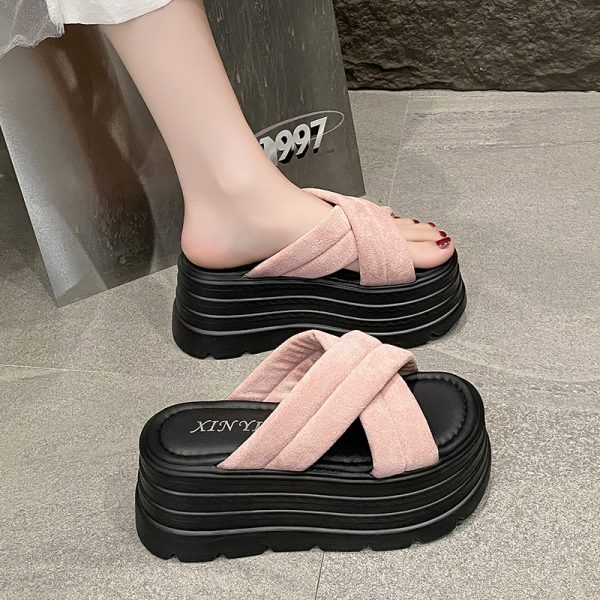 9cm Thick-Soled Cross Fairy-Style Sandals for Women - Summer Height-Increasing Slides for Petite Figures, Perfect for Skirts