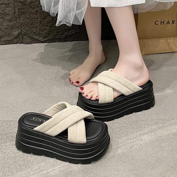 9cm Thick-Soled Cross Fairy-Style Sandals for Women - Summer Height-Increasing Slides for Petite Figures, Perfect for Skirts