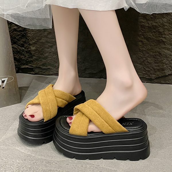 9cm Thick-Soled Cross Fairy-Style Sandals for Women - Summer Height-Increasing Slides for Petite Figures, Perfect for Skirts