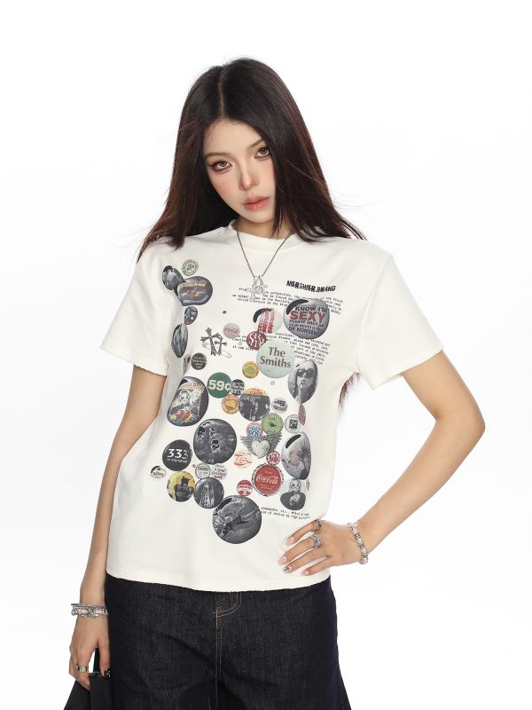American Badge All-Over Print Round Neck Short Sleeve T-Shirt for Women - Summer Loose Casual Versatile Top, Trendy 90s Style