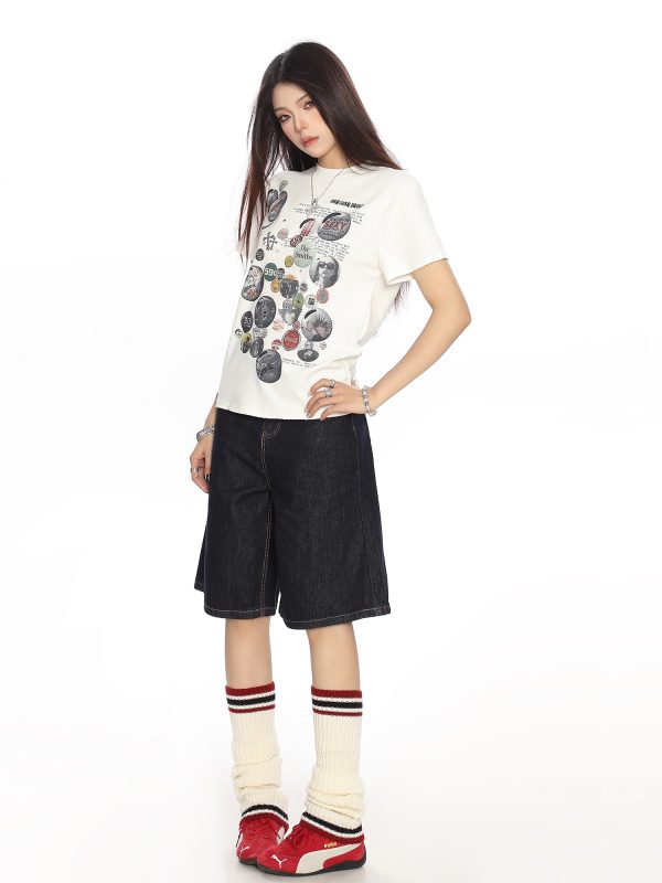 American Badge All-Over Print Round Neck Short Sleeve T-Shirt for Women - Summer Loose Casual Versatile Top, Trendy 90s Style
