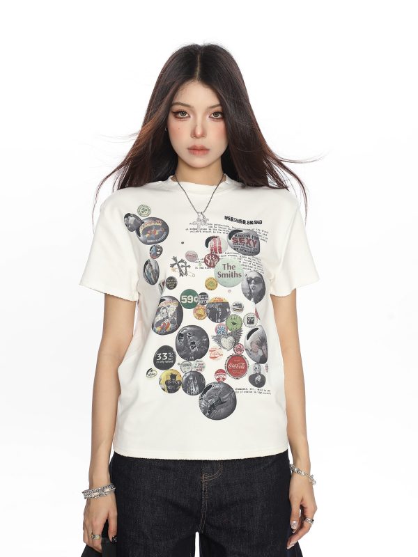 American Badge All-Over Print Round Neck Short Sleeve T-Shirt for Women - Summer Loose Casual Versatile Top, Trendy 90s Style