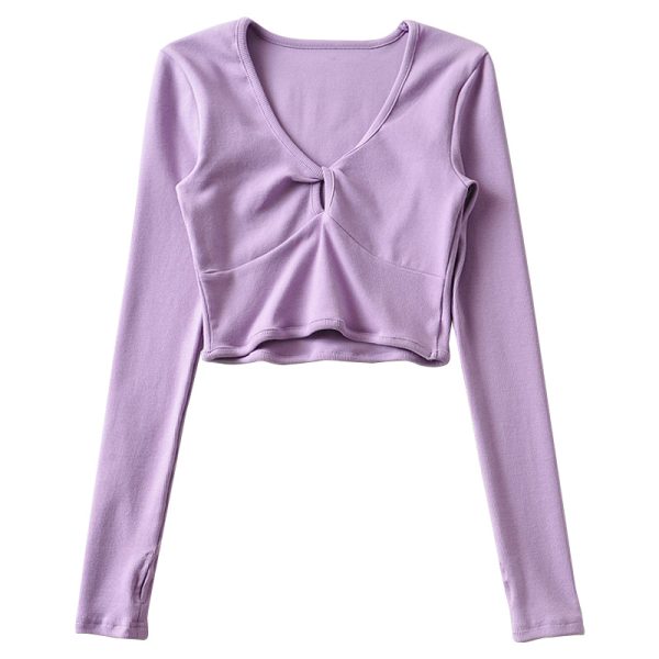 American Cute Girl V-Neck Hollow High Waist Short Slim Long Sleeve T-Shirt Top - Solid Color Y2K Style