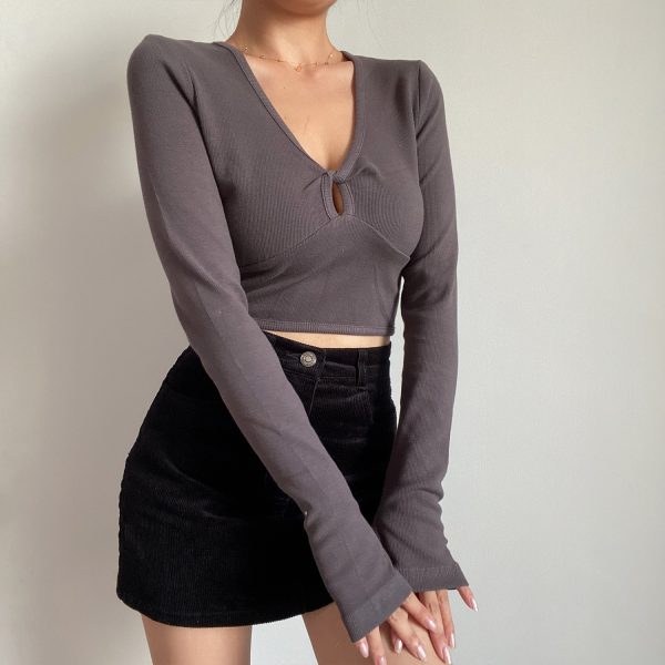 American Cute Girl V-Neck Hollow High Waist Short Slim Long Sleeve T-Shirt Top - Solid Color Y2K Style