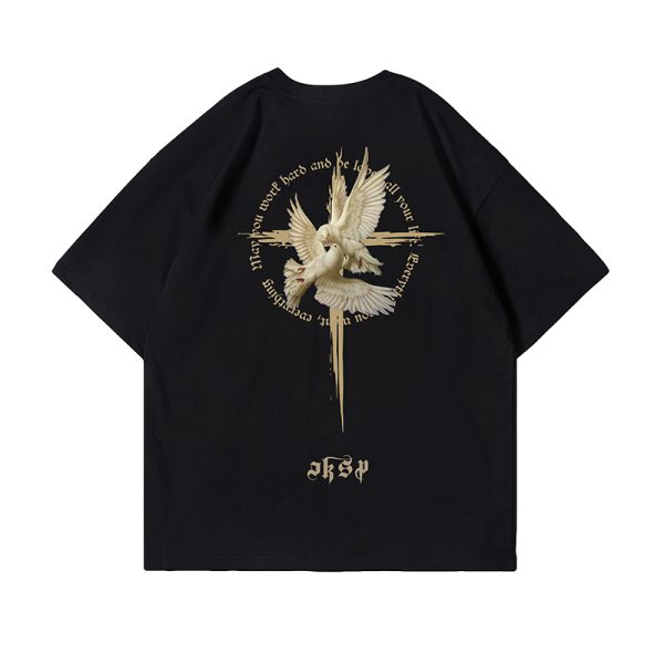 American Gothic Retro Peace Dove T-Shirt for Men - Oversized Short Sleeve High Street Fashion, Trendy Couple Tee