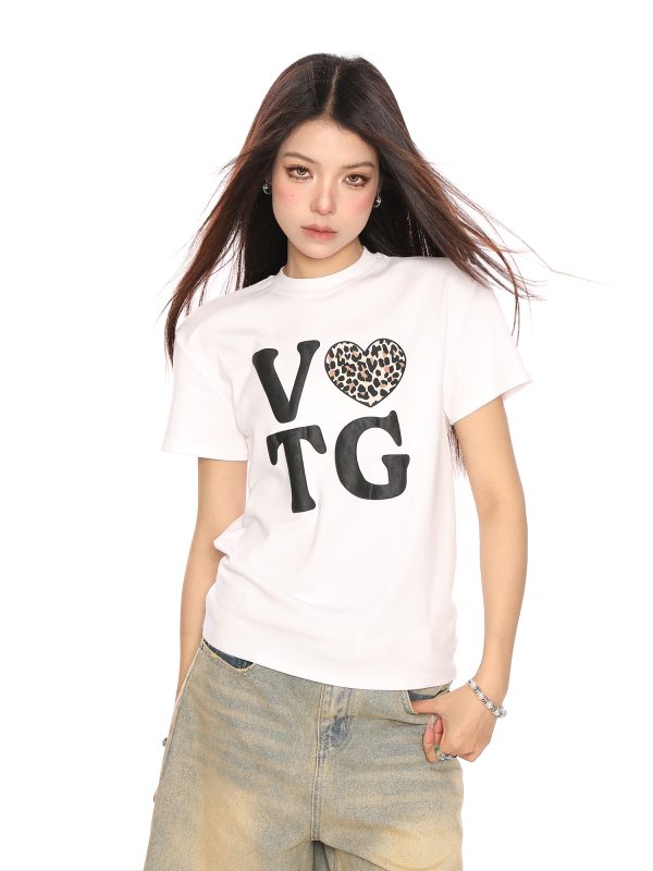 American Heart Letter Print Short Sleeve Crop Top T-Shirt for Women - Summer Casual Versatile Style