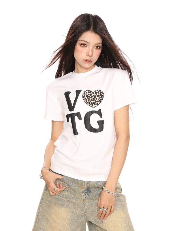 American Heart Letter Print Short Sleeve Crop Top T-Shirt for Women - Summer Casual Versatile Style