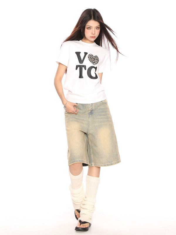 American Heart Letter Print Short Sleeve Crop Top T-Shirt for Women - Summer Casual Versatile Style