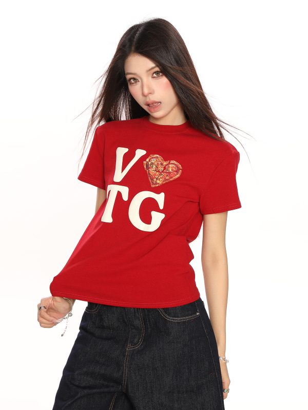 American Heart Letter Print Short Sleeve Crop Top T-Shirt for Women - Summer Casual Versatile Style