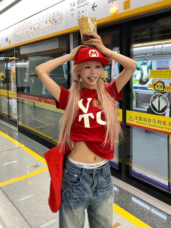 American Heart Letter Print Short Sleeve T-Shirt for Men and Women - Loose Fit Versatile Tee for Spring/Summer 2025