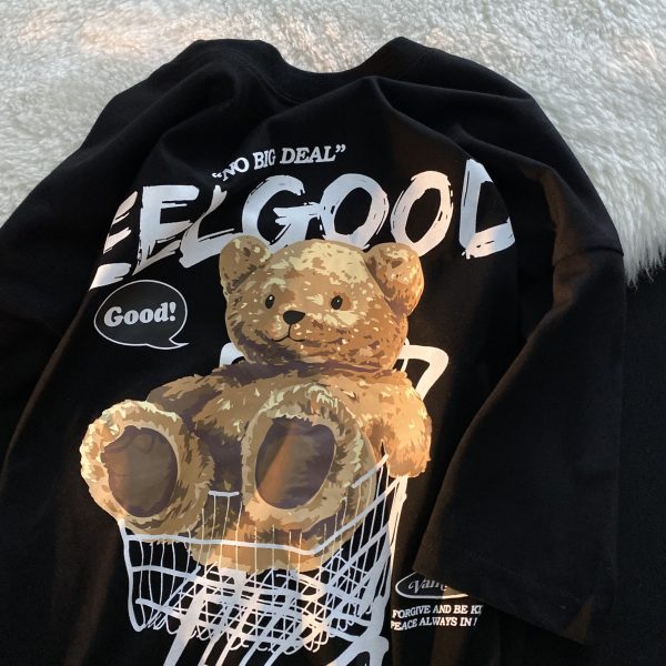 American Retro Bear Graphic Short Sleeve T-Shirt for Men and Women, Plus Size Loose-Fitting Couples Top, Trendy Streetwear