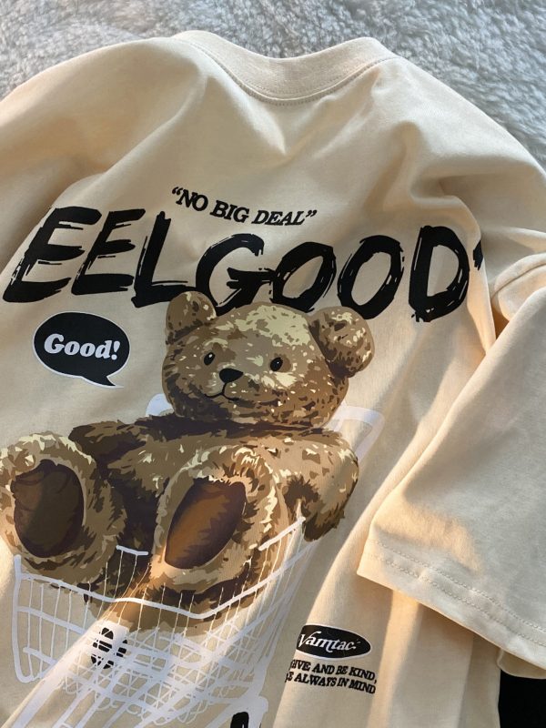 American Retro Bear Graphic Short Sleeve T-Shirt for Men and Women, Plus Size Loose-Fitting Couples Top, Trendy Streetwear
