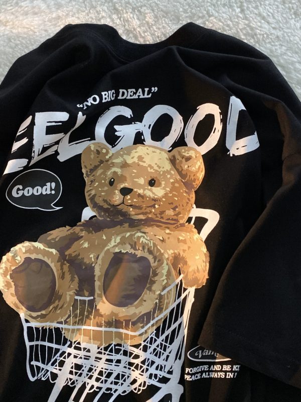 American Retro Bear Graphic Short Sleeve T-Shirt for Men and Women, Plus Size Loose-Fitting Couples Top, Trendy Streetwear