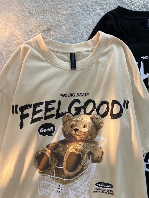 American Retro Bear Graphic Short Sleeve T-Shirt for Men and Women, Plus Size Loose-Fitting Couples Top, Trendy Streetwear